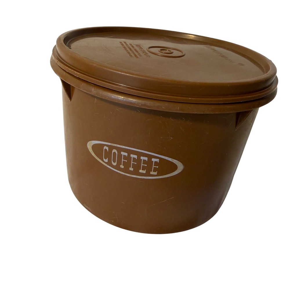 Vintage Tupperware Coffee Canister Brown Round Plastic Airtight Seal 236-26 USA